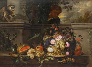 Jan van den Hecke (Quarmonde, 1620 - Anversa, 1684), Natura morta di frutti e fiori all’interno di un giardino